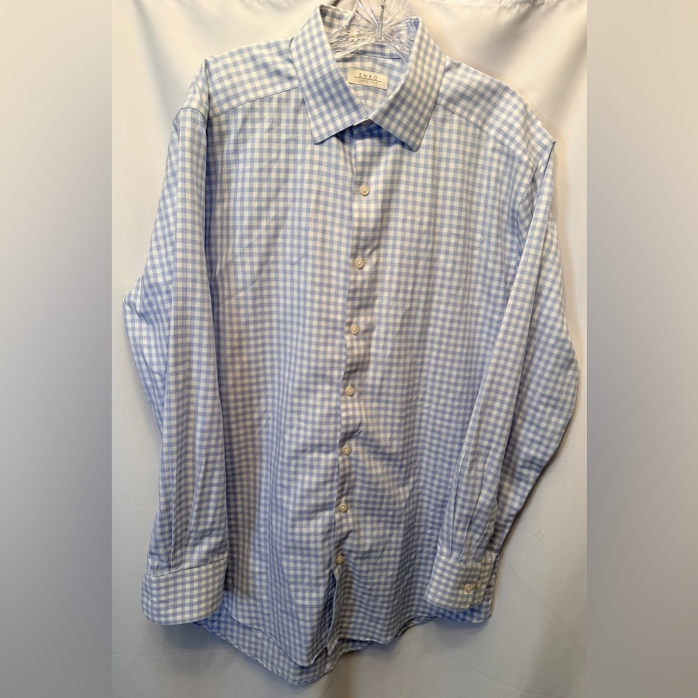 ENRO Men’s‎ Size 16.5 34-35 Gingham Long Sleeve Button Down Shirt Lt. Blue White